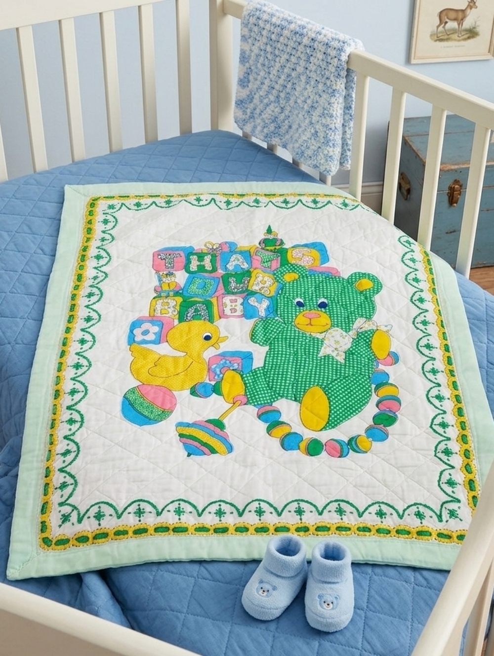 Vintage "That's Our Baby" Baby Quilt with Green Gingham Bear and Duck Design